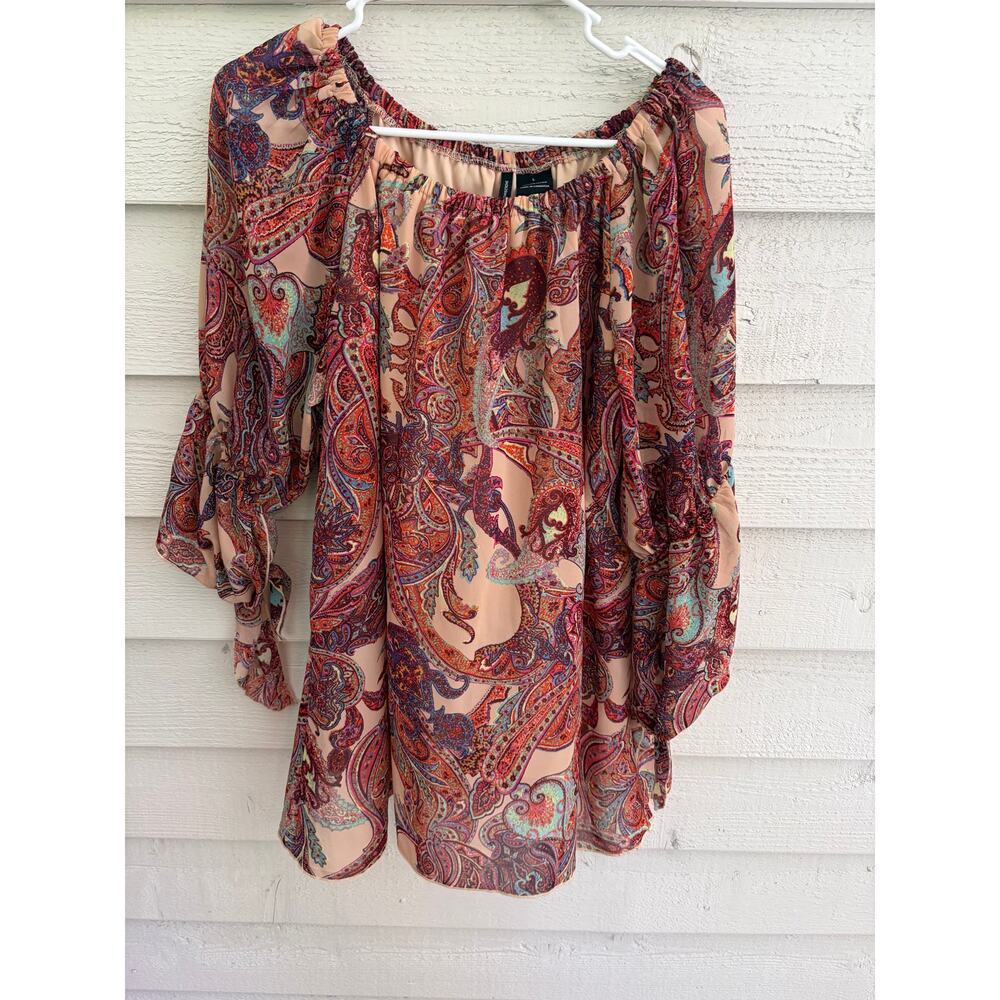 New Directions Paisley Peasant Blouse Size L Boho Off-Shoulder Tie Sleeve Top - Picture 2 of 4